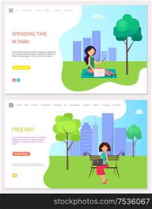 Spending time in park and free wifi zone, woman on bench working at laptop. Girl use wireless internet access in public place, web page with freelance worker. Spending Time in Park and Free Wifi Zone, Woman
