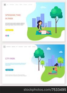 Spending Time in park, freelancer at work outdoors vector. Lady with laptop and notebooks, searching for business ideas. Working women, distant job. Spending Time in Park, Freelancer at Work Outdoors