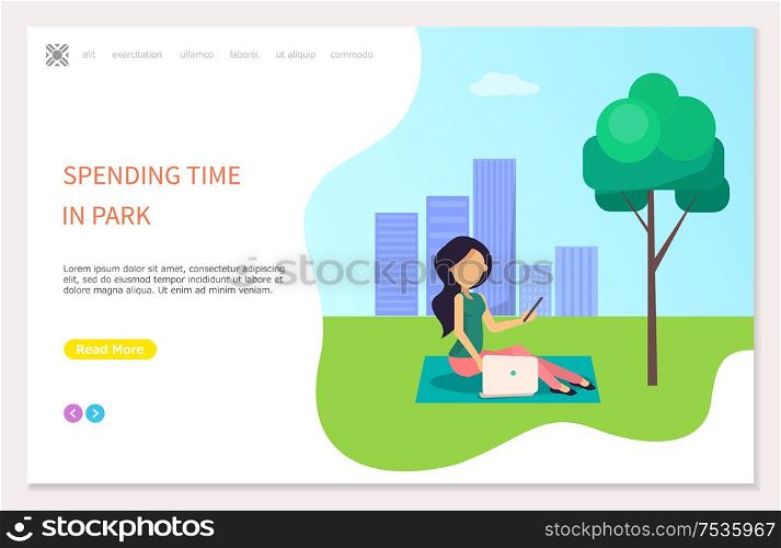 Spending time in park poster with girl sitting on grass and making selfie. Woman freelancer walking outdoors on background of buildings, web page vector. Spending Time in Park Poster Girl Sitting on Grass