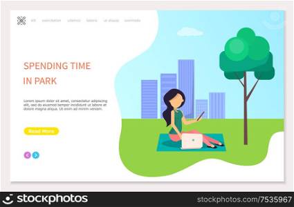 Spending time in park poster with girl sitting on grass and making selfie. Woman freelancer walking outdoors on background of buildings, web page vector. Spending Time in Park Poster Girl Sitting on Grass