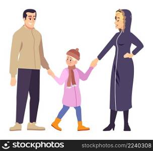Spending time outdoors semi flat RGB color vector illustration. Winter outfits for whole family isolated cartoon characters on white background. Spending time outdoors semi flat RGB color vector illustration