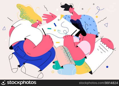 Spending time together in family, hobby and leisure concept. Happy family with child cartoon characters sitting and drawing picture on paper with colorful pencils together vector illustration. Spending time together in family, hobby and leisure concept