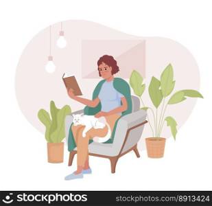Spending weekend alone 2D vector isolated illustration. Covered in blanket woman reading and petting cat flat character on cartoon background. Colorful editable scene for mobile, website, presentation. Spending weekend alone 2D vector isolated illustration