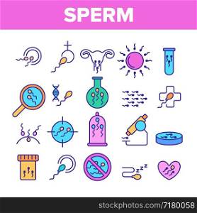 Sperm Cells Vector Thin Line Icons Set. Sperm, Spermatozoa, Male Semen Laboratory Analysis Linear Pictograms. Reproduction, Insemination, Fertilization, Pregnancy Prevention Contour Illustrations. Sperm Cells Vector Color Line Icons Set
