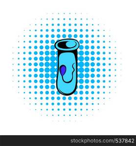 Sperm in a glass tube icon in comics style on a white background. Sperm in a glass tube icon, comics style
