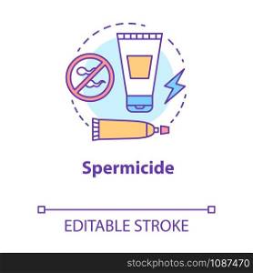 Spermicide concept icon. Safe sex concept. Reproduction, birth control. Man health, male sexlife. Lubricant tube idea thin line illustration. Vector isolated outline drawing. Editable stroke