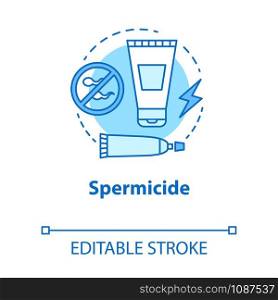 Spermicide concept icon. Safe sex concept. Reproduction, birth control. Man health, male sexlife. Lubricant tube idea thin line illustration. Vector isolated outline drawing. Editable stroke