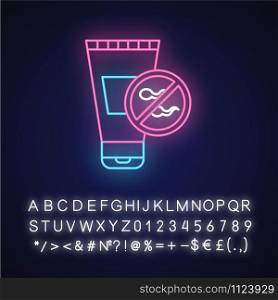 Spermicide neon light icon. Female preservative. Contraceptive for pregnancy prevention. Lubricant. Safe sex. Glowing sign with alphabet, numbers and symbols. Vector isolated illustration