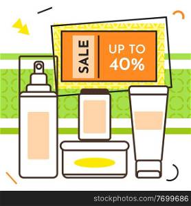 Spesial offer cosmetic shop poster. Sale banner template design, discount special up to 40 off. Super Sale, end of season special offer banner with bottles with perfumes, creams and cosmetics. Spesial offer cosmetic shop poster. Sale banner template design, discount special up to 40 off