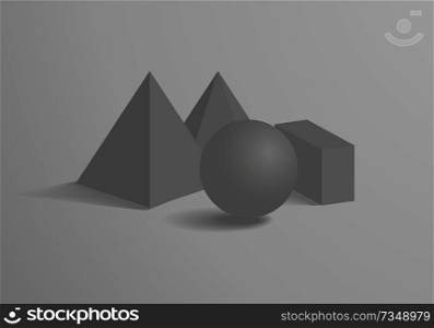 Sphere and cuboid prism square pyramid figures set, vector illustration black geometric shapes collection, polygonal prisms with triangles rectangles. Sphere and Cuboid Prism Square Pyramid Figures Set