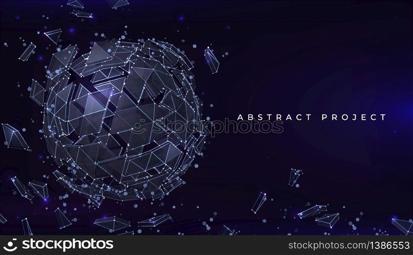 Sphere particles background. Futuristic banner with abstract geometric shape of connected lines. Vector destroyed globe or molecule realistic 3D orb, geometric shards of glass. Sphere particles background. Futuristic banner with abstract geometric shape of connected lines. Vector globe or molecule realistic 3D orb