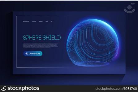 Sphere shield protect in abstract style. Virus protection bubble. Blue abstract antiviral futuristic technology background. 3d blue energy ball barrier illustration virus concept.. Sphere shield protect in abstract style. Virus protection bubble. Sphere lines technology background. Magic orb vector illustration.
