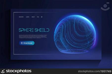 Sphere shield protect in abstract style. Virus protection bubble. Blue abstract antiviral futuristic technology background. 3d blue energy ball barrier illustration virus concept.. Sphere shield protect in abstract style. Virus protection bubble. Sphere lines technology background. Magic orb vector illustration.