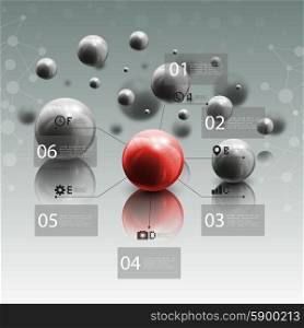 Spheres in motion on gray background. Red sphere with infographic elements for business or science report, abstract molecular geometric pattern vector illustration.