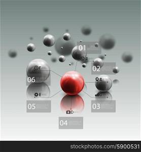 Spheres in motion on gray background. Red sphere with infographic elements for business, abstract geometric pattern vector illustration.