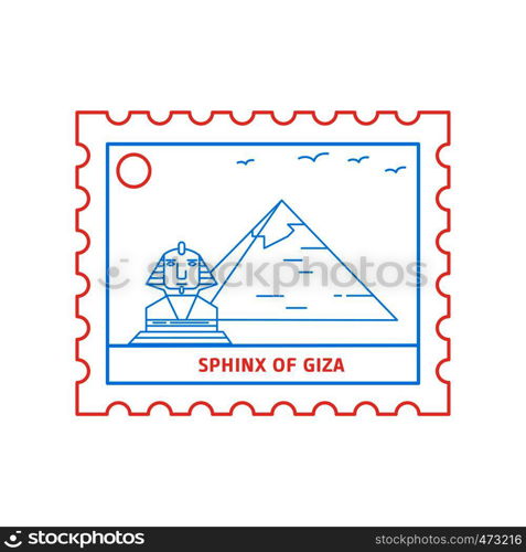 SPHINX OF GIZA postage stamp Blue and red Line Style, vector illustration