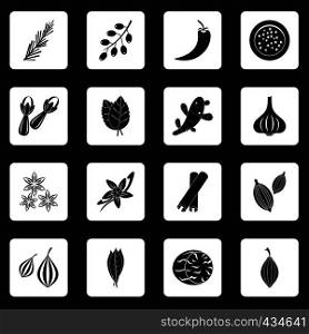 Spice icons set in white squares on black background simple style vector illustration. Spice icons set squares vector