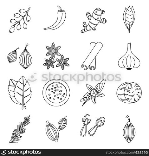 Spice icons set. Outline illustration of 16 spice vector icons for web. Spice icons set, outline style
