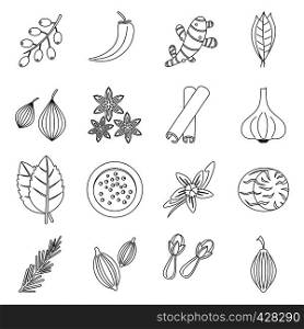 Spice icons set. Outline illustration of 16 spice vector icons for web. Spice icons set, outline style