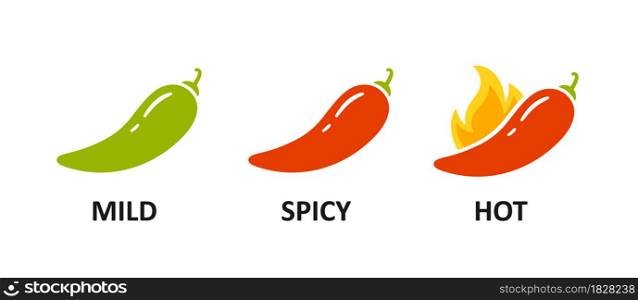 Spice level marks - mild, spicy and hot. Green and red chili pepper. Symbol of pepper with fire. Chili level icons set. Vector illustration isolated on white background.. Spice level marks - mild, spicy and hot. Green and red chili pepper. Symbol of pepper with fire. Chili level icons set. Vector illustration isolated on white background