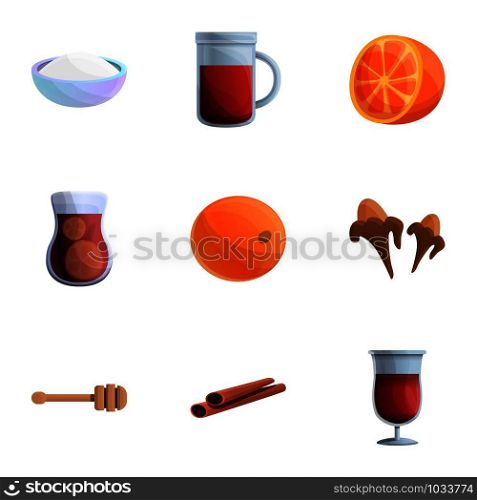Spice mulled wine icon set. Cartoon set of 9 spice mulled wine vector icons for web design isolated on white background. Spice mulled wine icon set, cartoon style