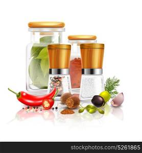 Spices 3D Composition. Spices 3d composition with bay leaves in glass jar pepper mill nutmeg on white background vector illustration