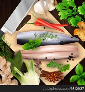 Spices and herbs and seafood with cutting board and knife .Vector illustration