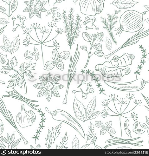 Spices and herbs hand sketch seamless pattern. Background greenery and plants engraving. Natural leafy template for design, paper and fabric vector illustration. Spices and herbs hand sketch seamless pattern
