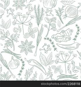 Spices and herbs hand sketch seamless pattern. Background greenery and plants engraving. Natural leafy template for design, paper and fabric vector illustration. Spices and herbs hand sketch seamless pattern