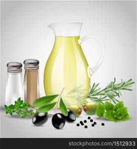 Spices and herbs with a glass oil bottle. Vector illustration