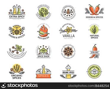 Spices badges. Kitchen preparing food herbal ingredients healthy natural aroma leaves herbs spices recent vector labels with place for text. Spice badge natural, basil and coriander illustration. Spices badges. Kitchen preparing food herbal ingredients healthy natural aroma leaves herbs spices recent vector labels with place for text