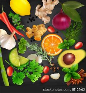 Spices, condiments and herbs with fruits on the blackboard chalk background .Vector illustration