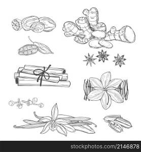 Spices for dessert and baking. Hand drawn sketch illustration. Hand drawn spices for dessert. Vector pattern.
