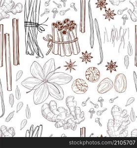 Spices for dessert and baking. Vector seamless pattern. Hand drawn sketch illustration. Hand drawn spices for dessert. Vector pattern.