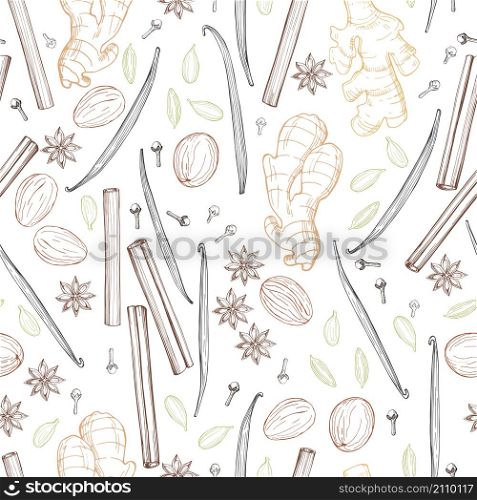 Spices for dessert, and baking. Vector seamless pattern. Hand drawn sketch illustration. Spices for dessert, and baking. Vector seamless pattern.