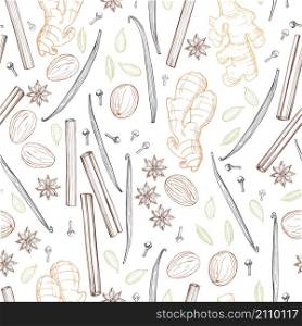 Spices for dessert, and baking. Vector seamless pattern. Hand drawn sketch illustration. Spices for dessert, and baking. Vector seamless pattern.