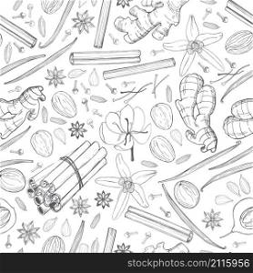 Spices for dessert, and baking.Vector seamless pattern . Hand drawn sketch illustration. Spices for dessert, and baking.Vector background.