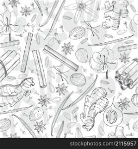Spices for dessert, and baking.Vector seamless pattern . Hand drawn sketch illustration