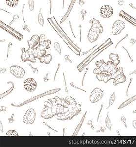 Spices for dessert and baking. Vector seamless pattern. Hand drawn sketch illustration. Hand drawn spices for dessert. Vector pattern.
