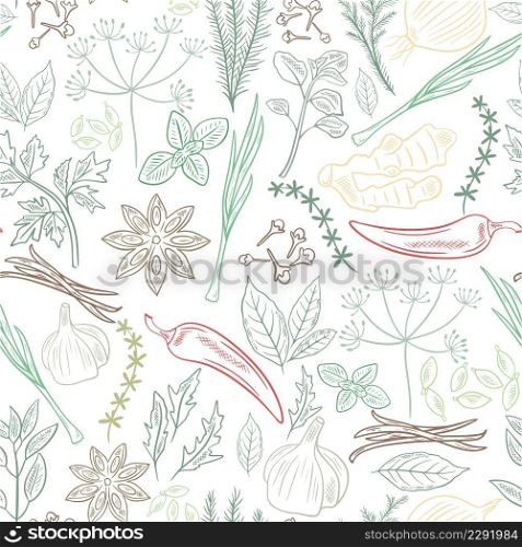 Spices, herbs and greenery seamless pattern. Background natural culinary spices. Flavoring food additives. Template for packaging and printing vector illustration. Spices, herbs and greenery seamless pattern