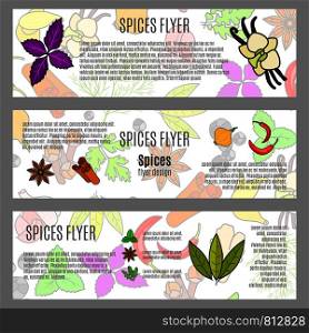 Spices horizontal flyer design with pattern and icons. Vector illustration. Spices horizontal flyer design