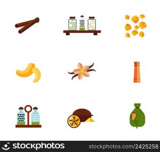 Spices icon set. Cinnamon Stick Jars With Peas And Pasta On Shelf Oat Grains Cashew Vanilla Flower And Sticks Pepper Mill Salt And Pepper Shakers Nutmeg Sack With Falling Out Peas