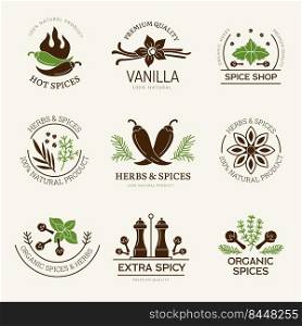 Spices labels. Herbs natural aroma kitchen healthy ingredients from leaves recent vector badges templates isolated. Illustration of food ingredient, oregano and condiment to cooking. Spices labels. Herbs natural aroma kitchen healthy ingredients from leaves recent vector badges templates isolated