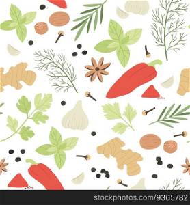 Spices seamless pattern. Hand drawn aromatic cooking ingredients cardamom and ginger, basil and thyme, barberry, dill vector texture. Herbs for culinary, preparing dish with flavors. Spices seamless pattern. Hand drawn aromatic cooking ingredients cardamom and ginger, basil and thyme, barberry, dill vector texture
