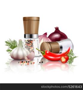 Spices Vegetables Composition. Colored and realistic spices vegetables composition with fresh vegetables and flavorings to dishes vector illustration