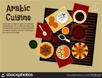 Spicy arabian and turkish food with chickpea falafels, wrapped in flatbread, pita with hummus, dipping sauces, sfiha meat pie, teapot and cakes with oranges. Restaurant menu or recipe book design. Traditional arabian and turkish cuisine