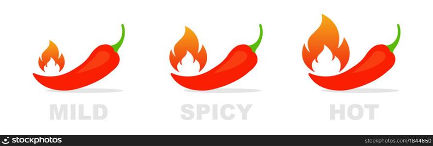 Spicy chili pepper level indicator. Spicy food level labels mild, medium or hot sauce. Chili pepper red icons with fire. Vector illustration.. Spicy chili pepper level indicator. Spicy food level labels mild, medium or hot sauce.