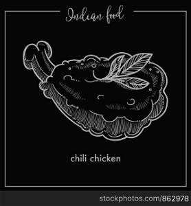 Spicy chilli chicken with greenery from Indian food. Dish of deep fried poultry with hot condiments. Delicious exotic picant food isolated cartoon monochrome vector illustration on black background.. Spicy chili chiken with greenery from Indian food