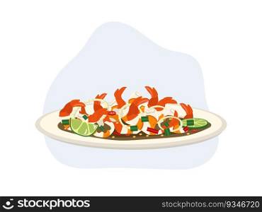 Spicy cooked Shrimp Salad or cooked Shrimp in pickle Fish Sauce. Delicious food. Thai food. cartoon vector illustration