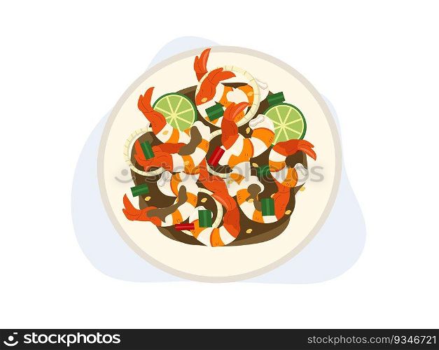 Spicy cooked Shrimp Salad or cooked Shrimp in pickle Fish Sauce. Delicious food. Thai food. top view. cartoon vector illustration